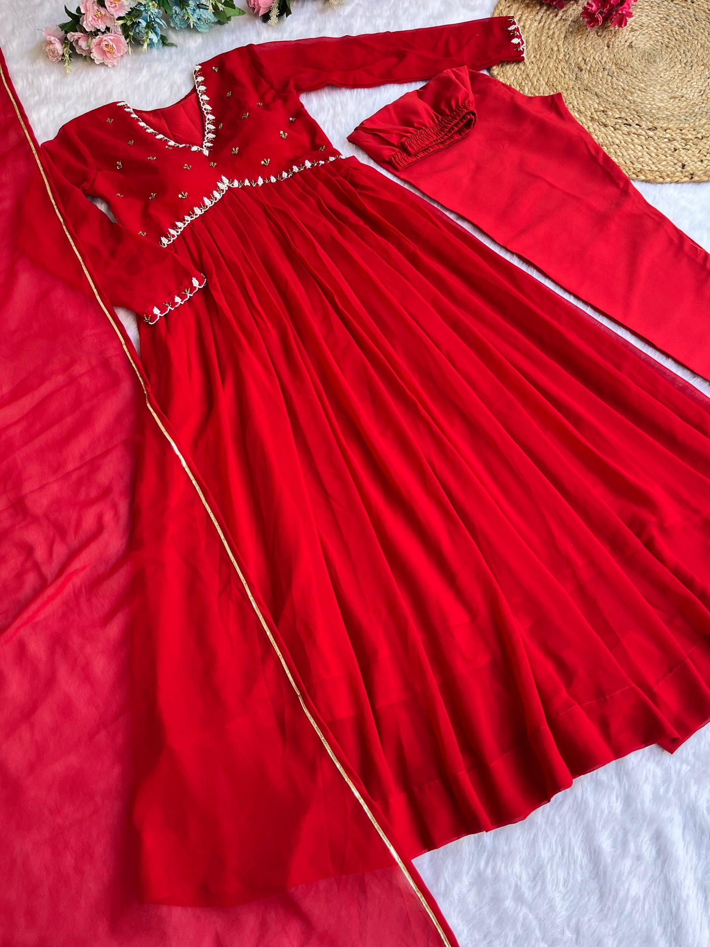 Attractive Red Color Hand Work Georgette Anarkali Suit