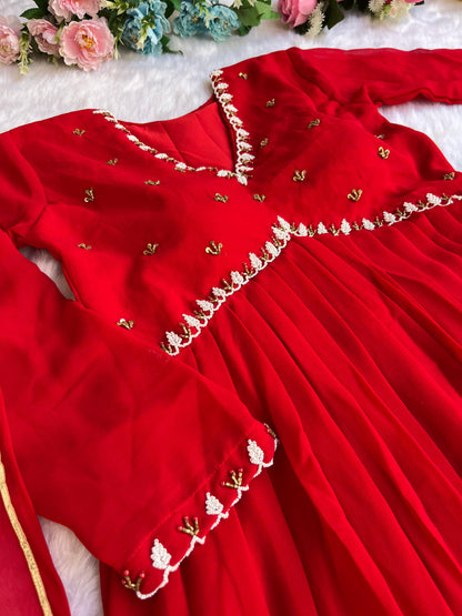 Attractive Red Color Hand Work Georgette Anarkali Suit