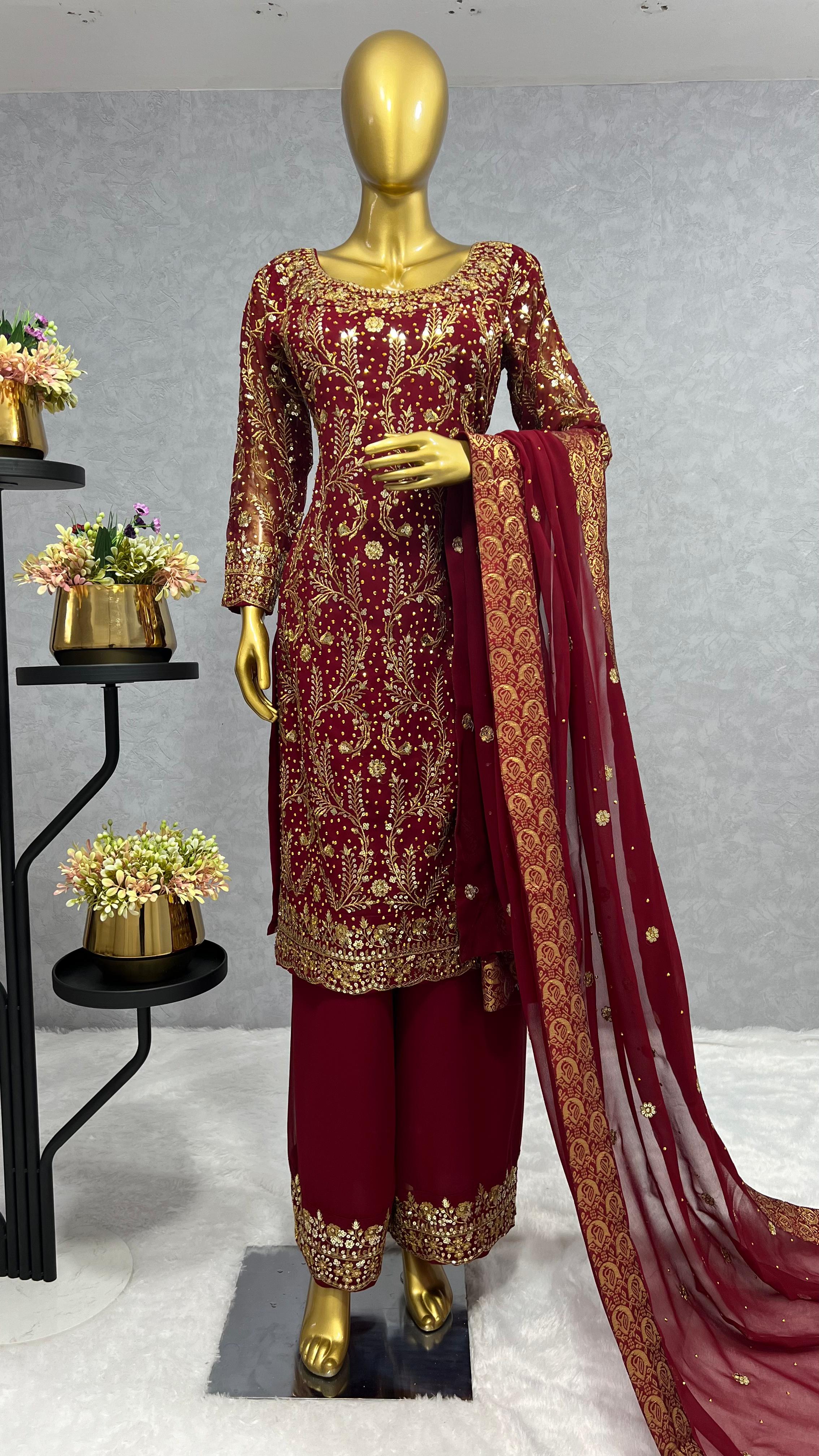 Golden Sequence Work Maroon Color Kurti Set