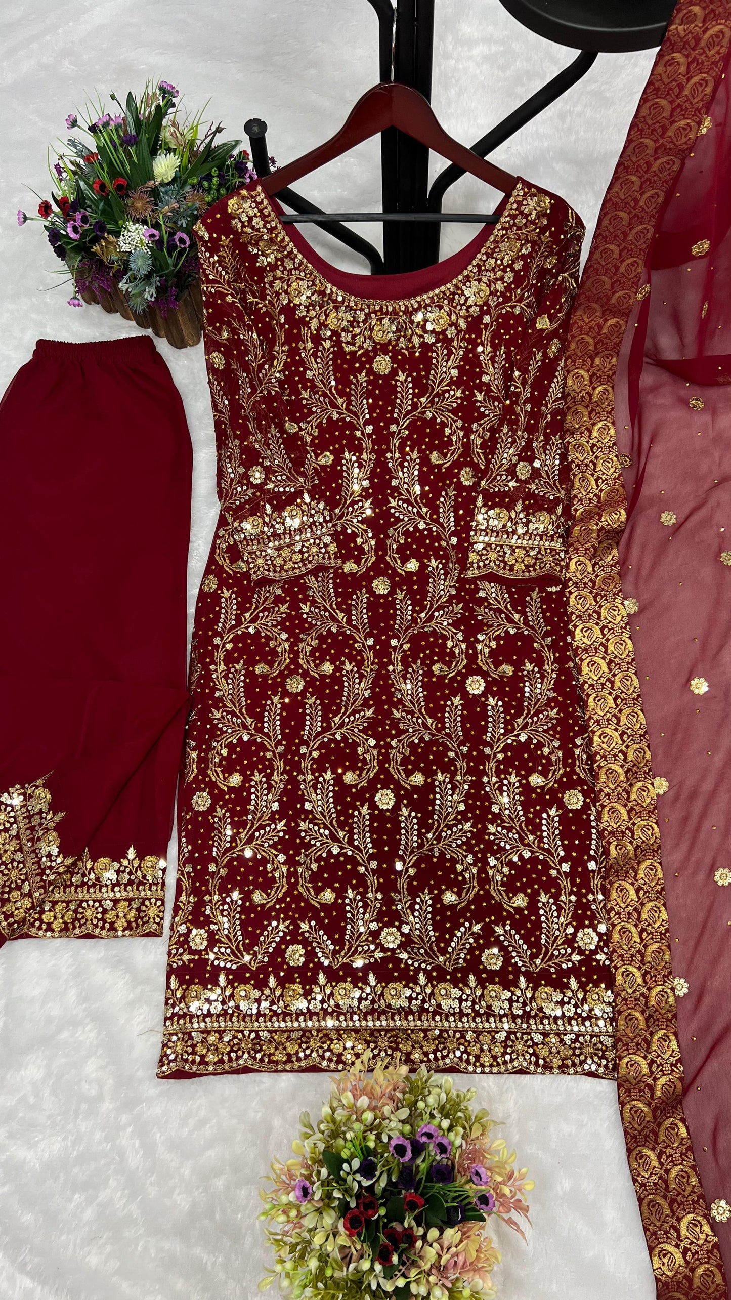 Golden Sequence Work Maroon Color Kurti Set