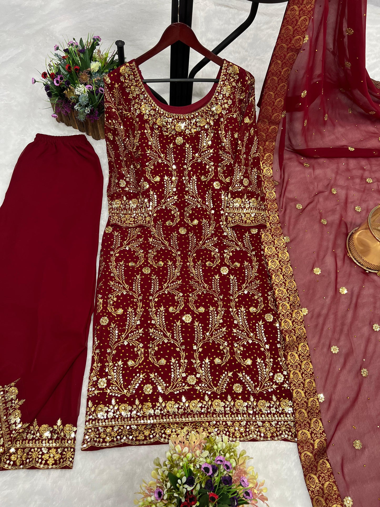 Golden Sequence Work Maroon Color Kurti Set