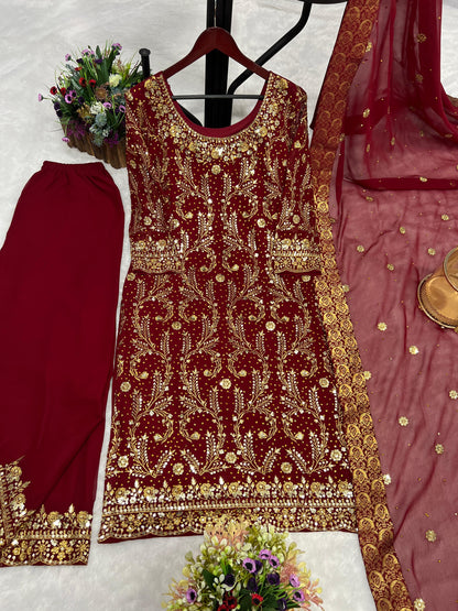 Golden Sequence Work Maroon Color Kurti Set