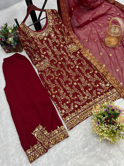 Golden Sequence Work Maroon Color Kurti Set