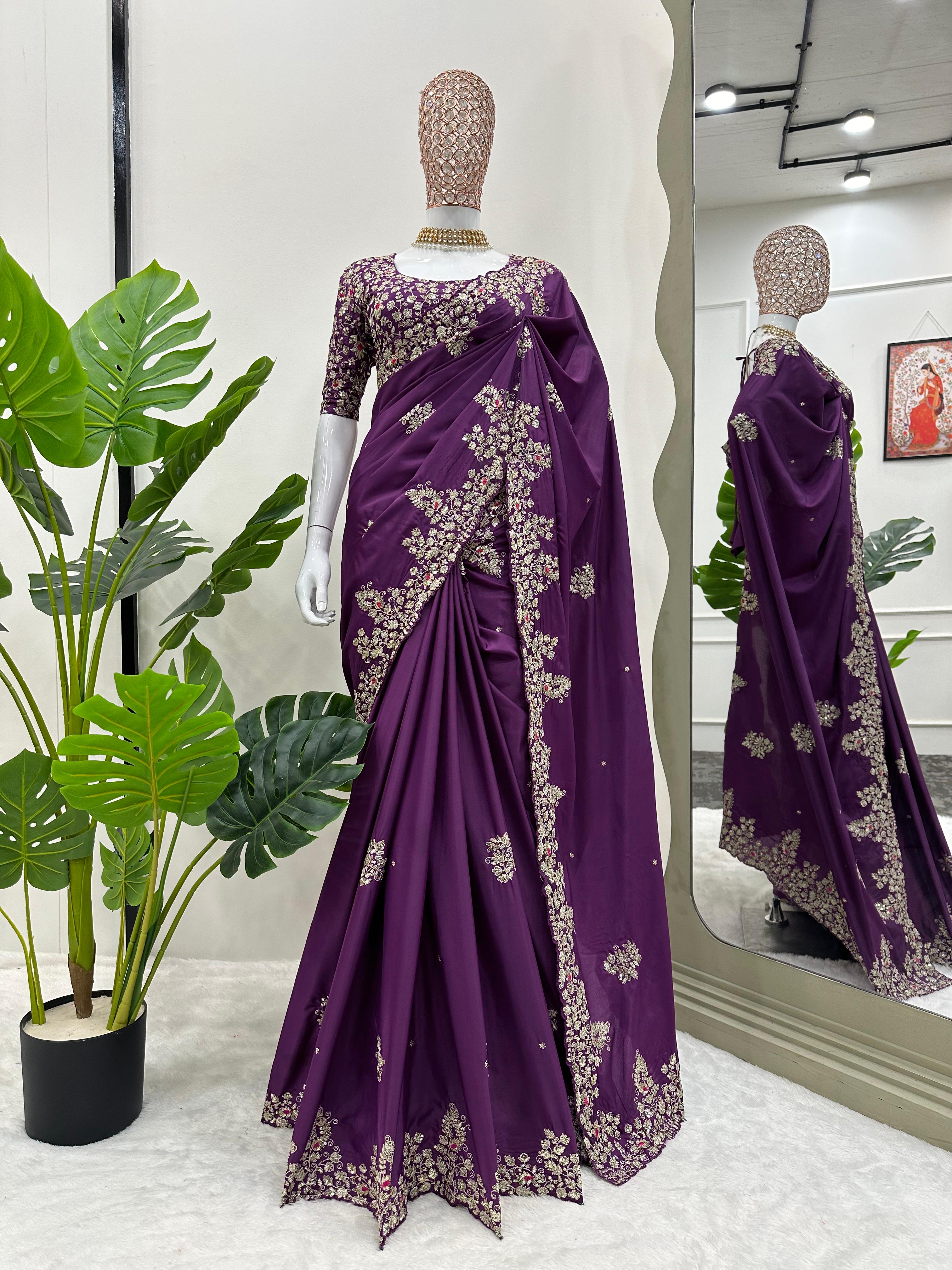 Occasion Wear Heavy Work Purple Color Saree