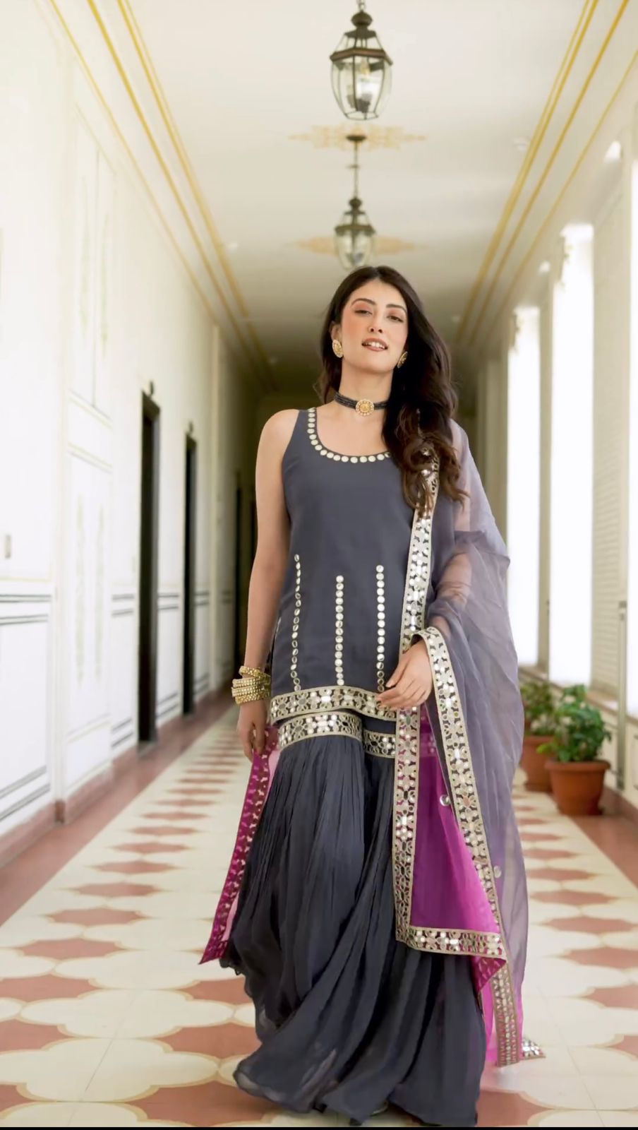 Party Wear Grey Color Work Sharara Suit