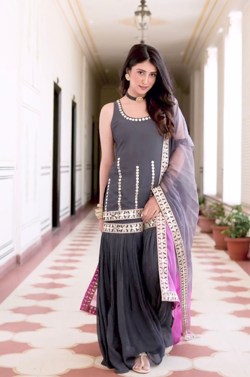 Party Wear Grey Color Work Sharara Suit