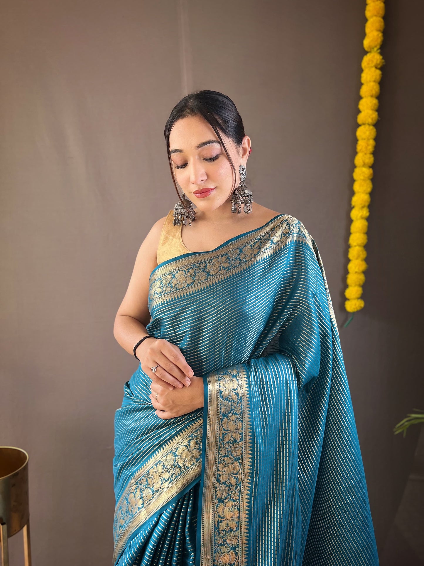 Beautiful Border Teal Blue Weaving Festive Saree