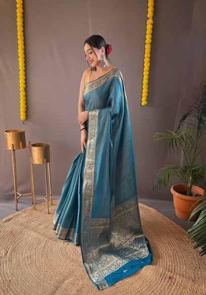 Beautiful Border Teal Blue Weaving Festive Saree