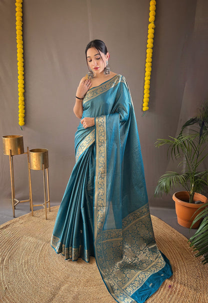 Beautiful Border Teal Blue Weaving Festive Saree