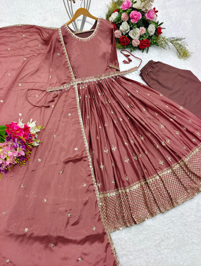 Sequence Embroidery Work Brown Anarkali Suit