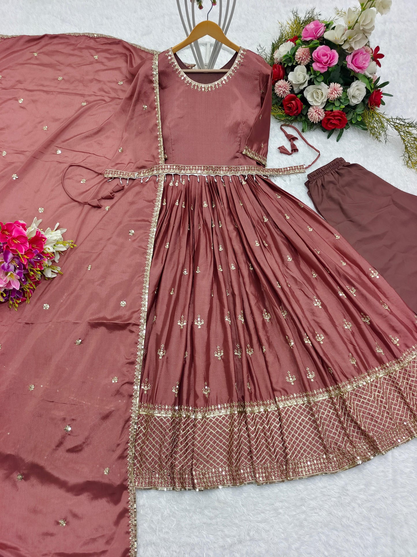 Sequence Embroidery Work Brown Anarkali Suit