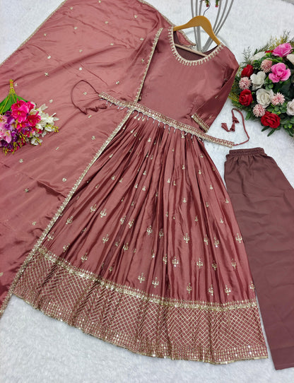 Sequence Embroidery Work Brown Anarkali Suit