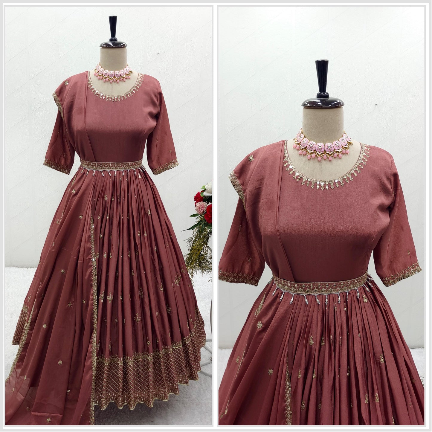 Sequence Embroidery Work Brown Anarkali Suit