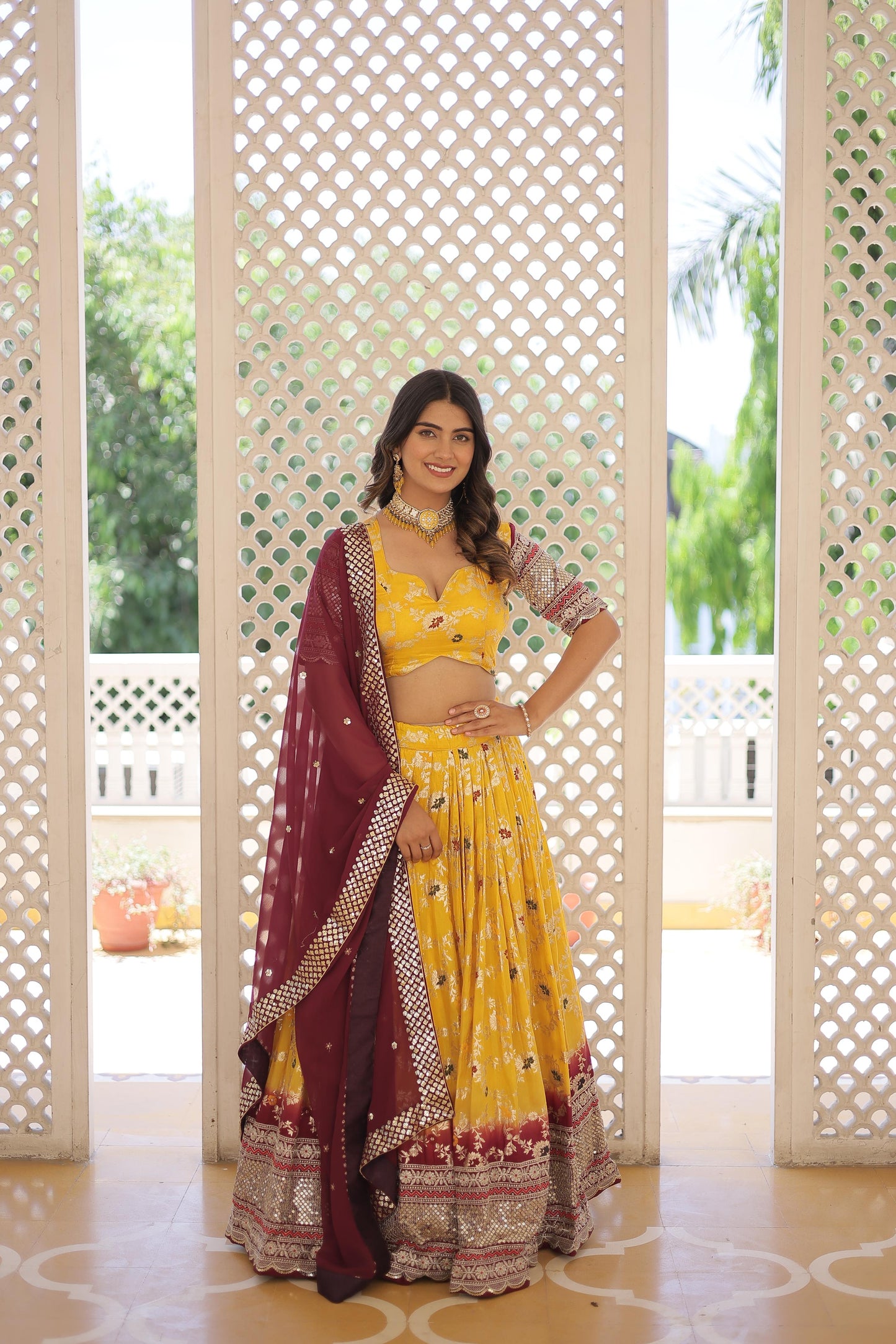 Captivating Jacquard Yellow White Lehenga Choli