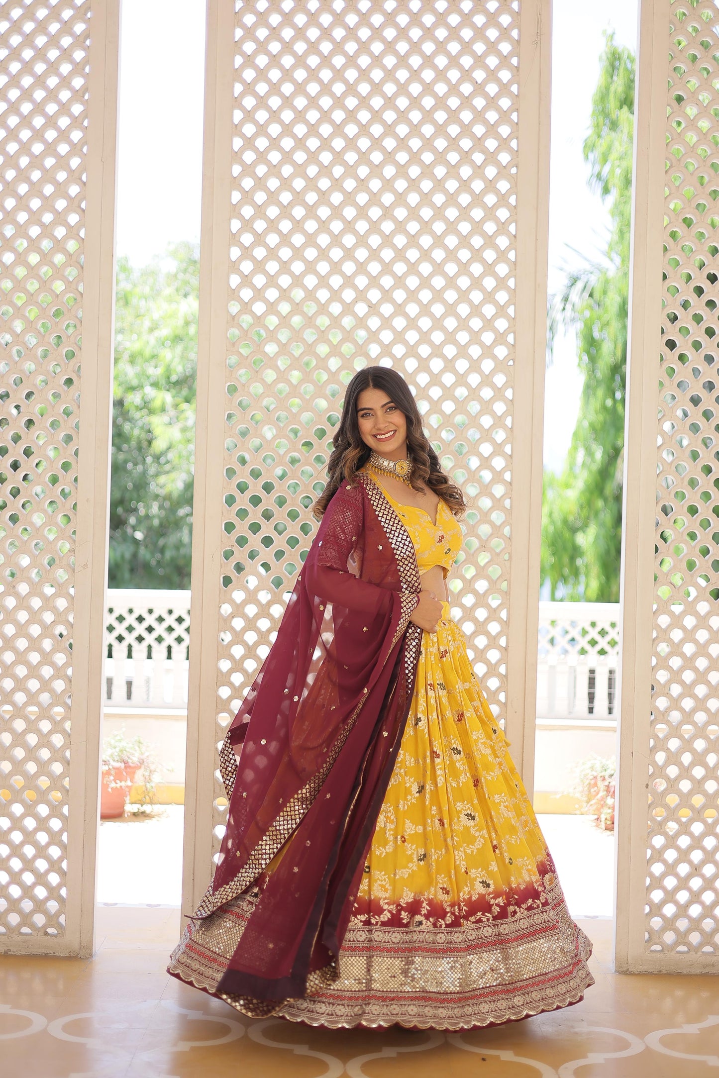 Captivating Jacquard Yellow White Lehenga Choli