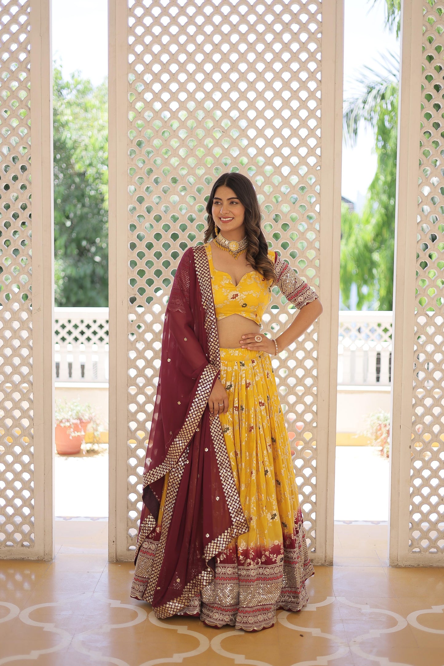 Captivating Jacquard Yellow White Lehenga Choli