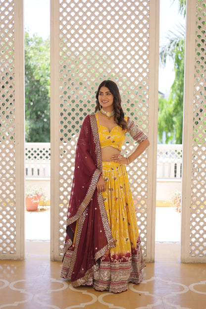 Captivating Jacquard Yellow White Lehenga Choli