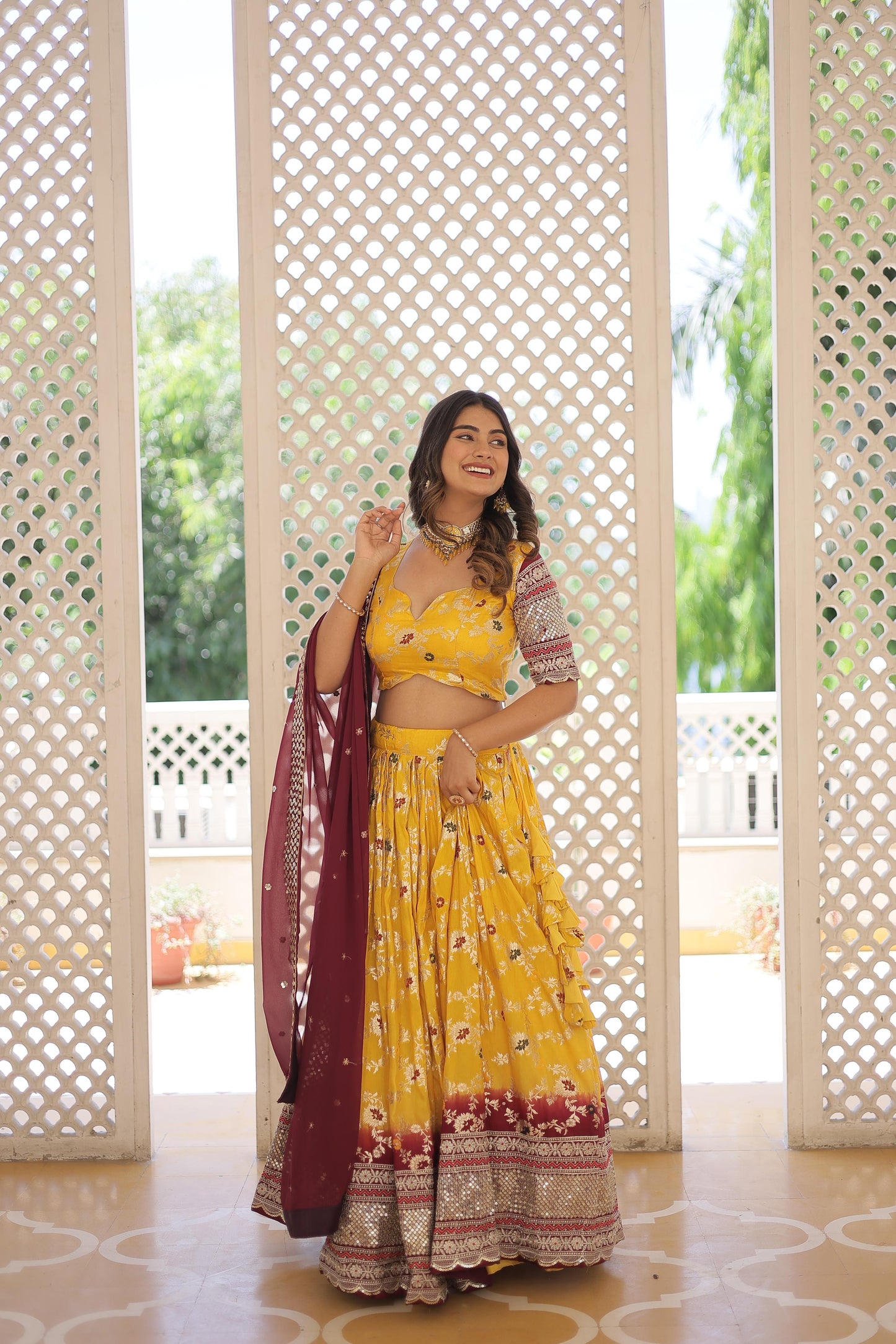 Captivating Jacquard Yellow White Lehenga Choli