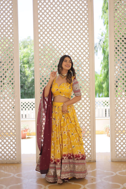 Captivating Jacquard Yellow White Lehenga Choli