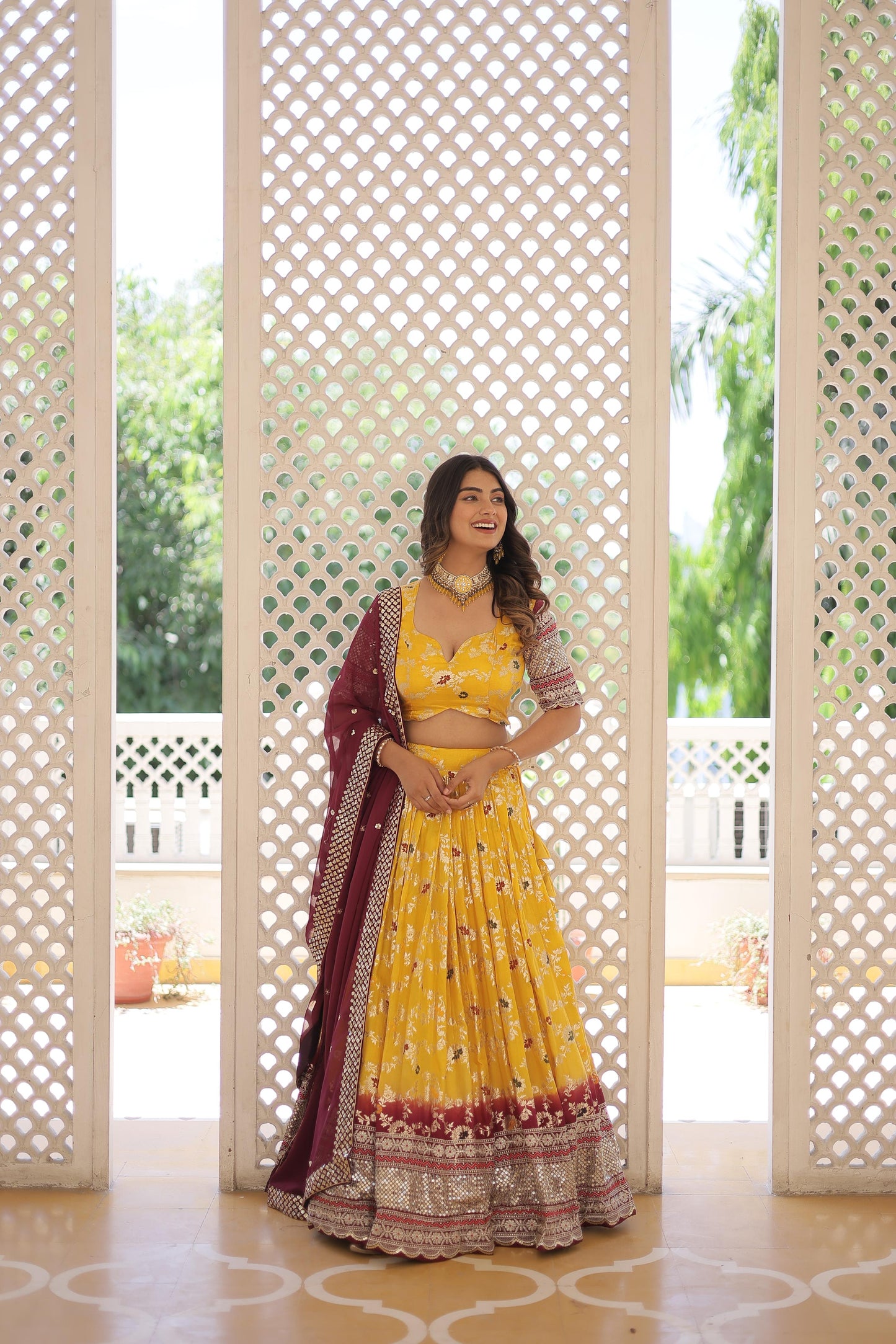 Captivating Jacquard Yellow White Lehenga Choli