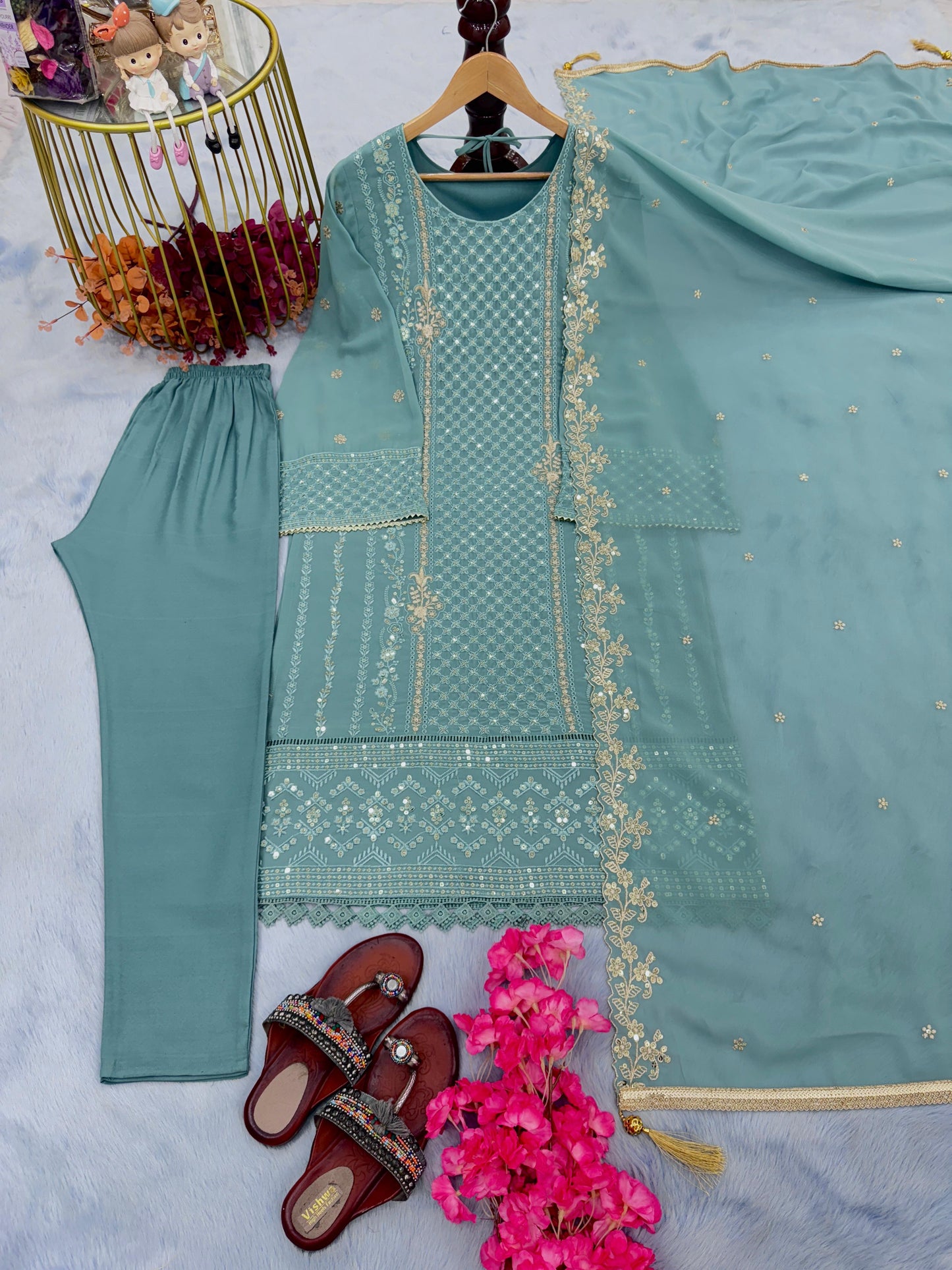 Stylish Sky Blue Embroidery Work Kurti Pant With Dupatta