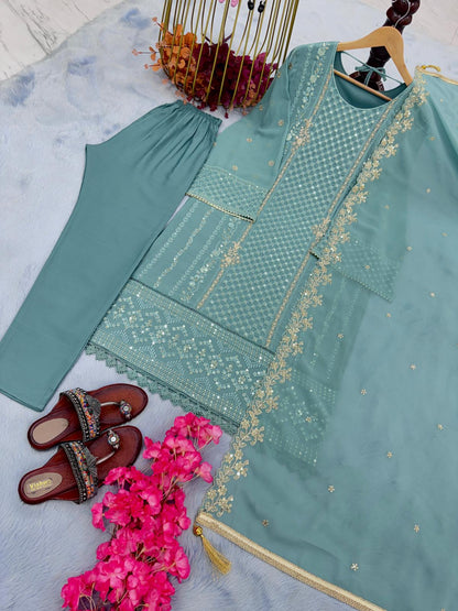 Stylish Sky Blue Embroidery Work Kurti Pant With Dupatta