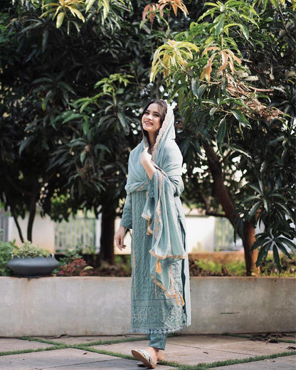 Stylish Sky Blue Embroidery Work Kurti Pant With Dupatta