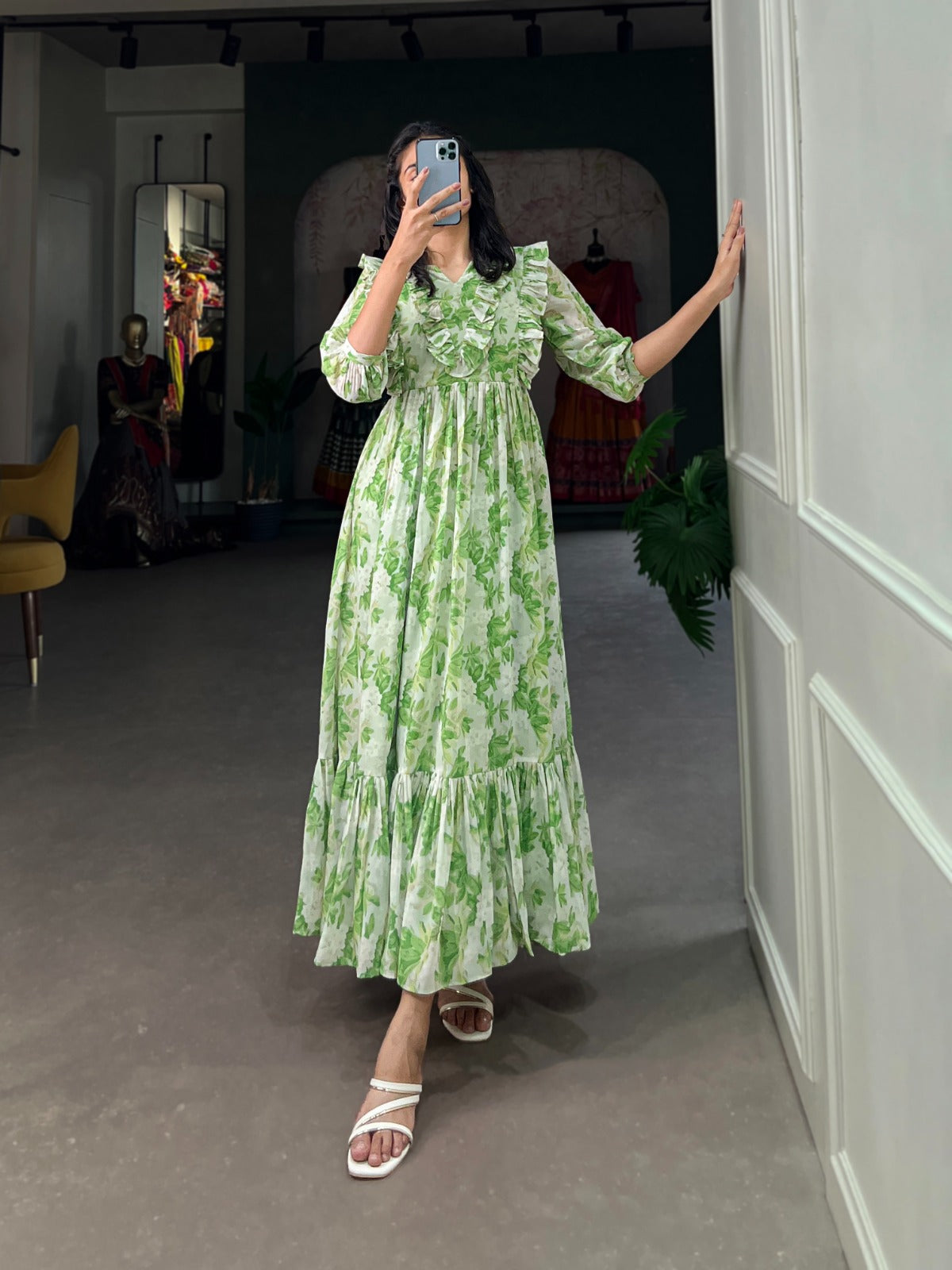 Style Green Floral Print Western Maxi Dress