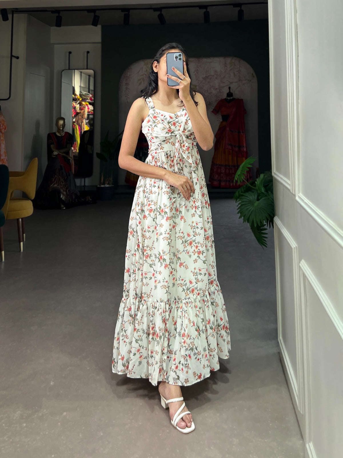 Style White Floral Print Western Maxi Dress