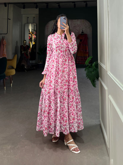 Style Light Pink Floral Print Western Maxi Dress