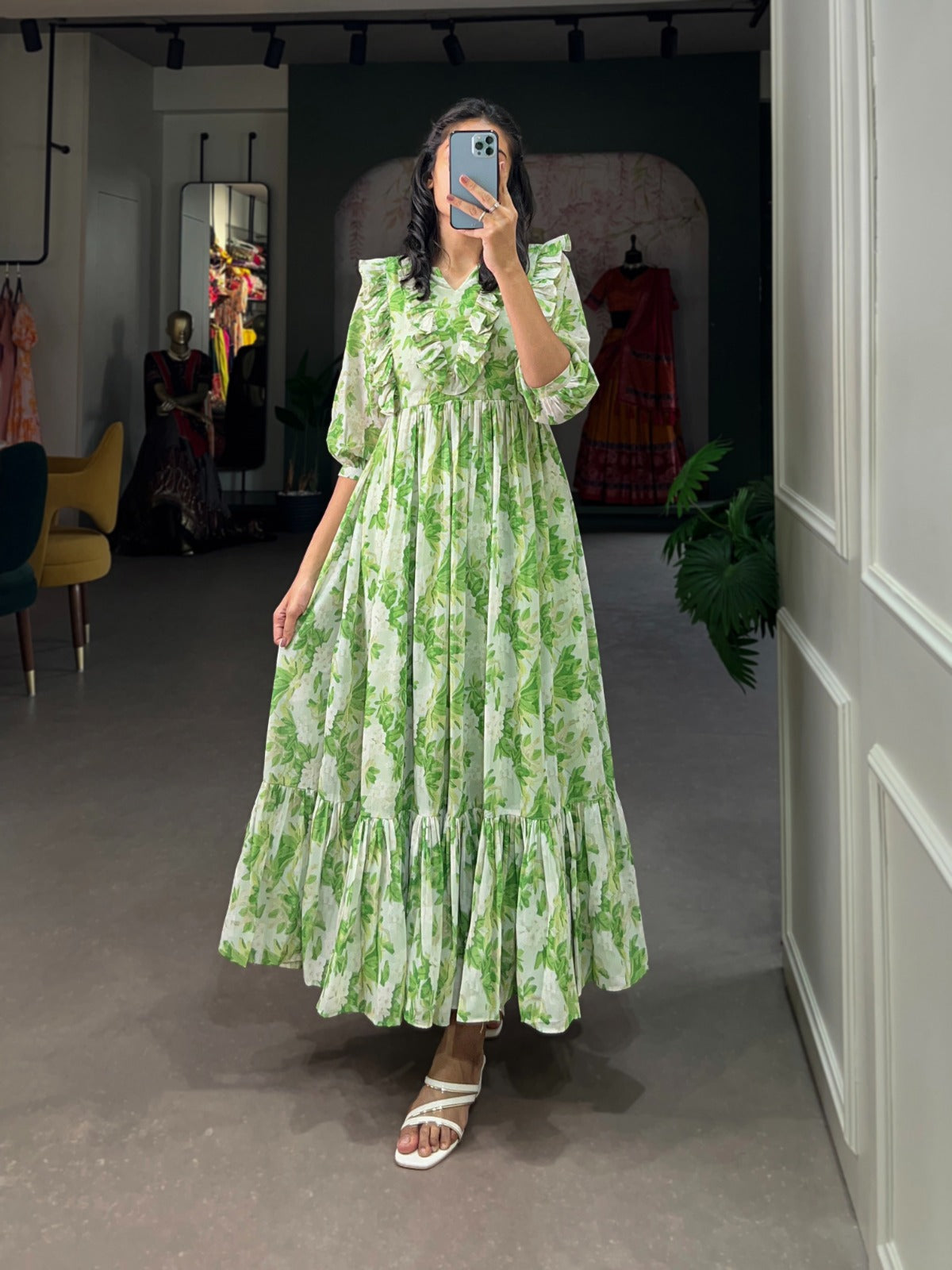 Style Green Floral Print Western Maxi Dress