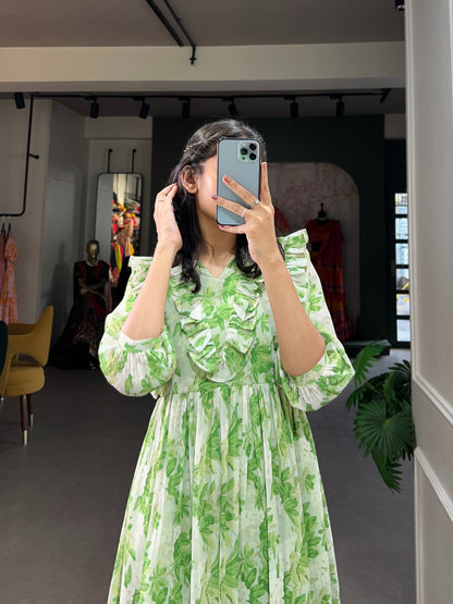 Style Green Floral Print Western Maxi Dress