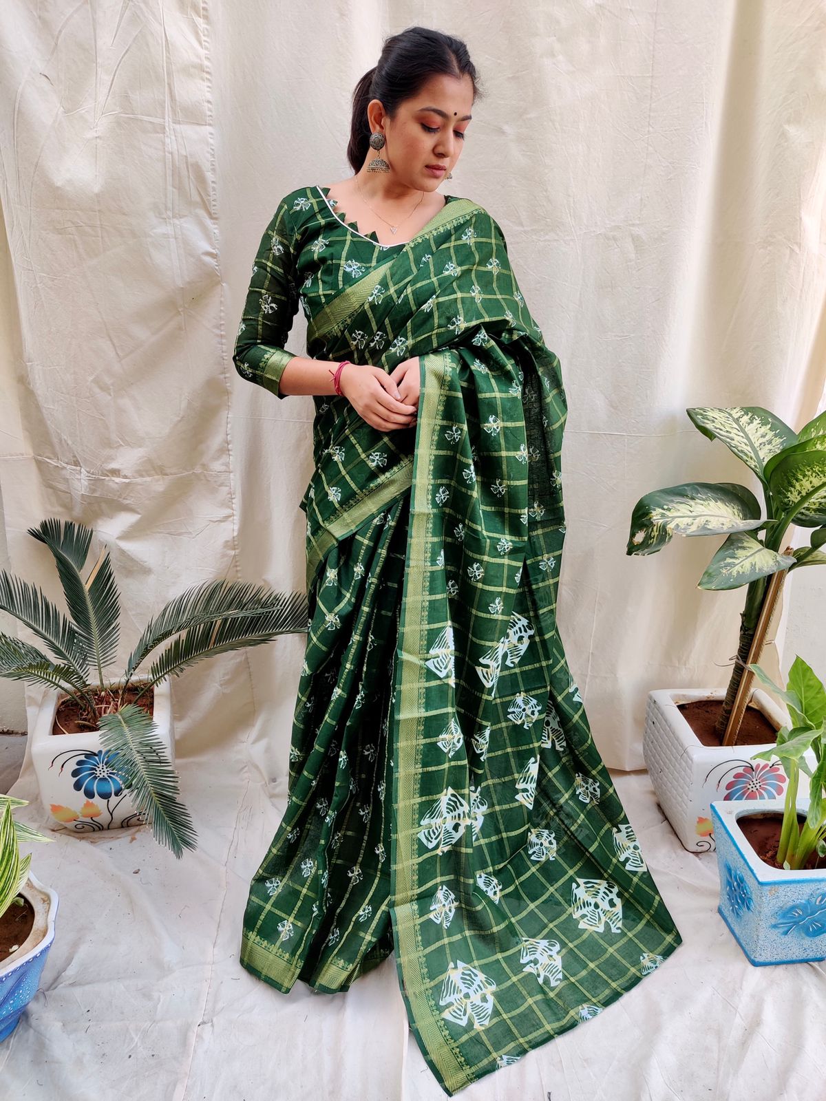 Festive Wear Batik Print Green Cotton Saree