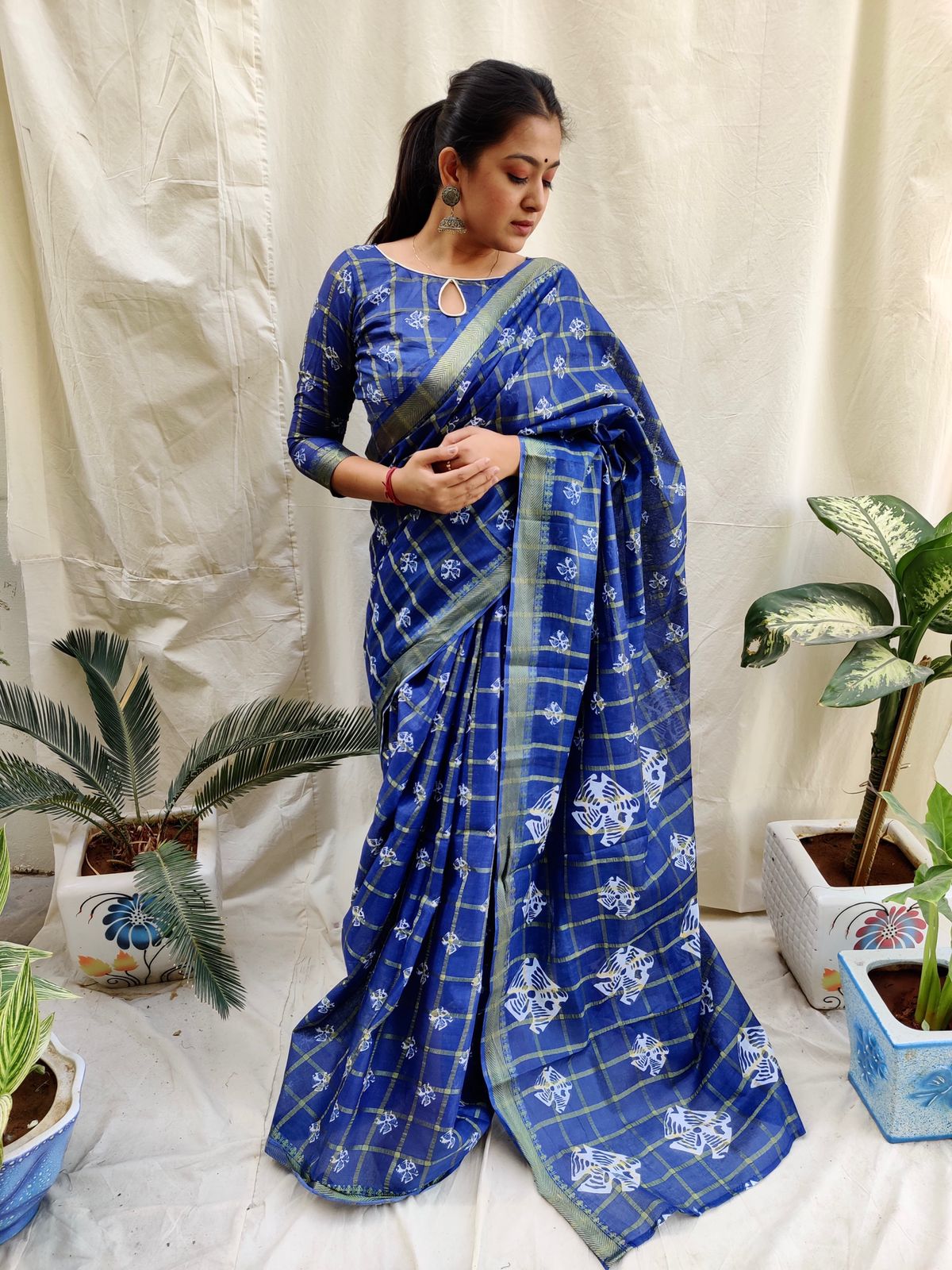 Festive Wear Batik Print Blue Cotton Saree