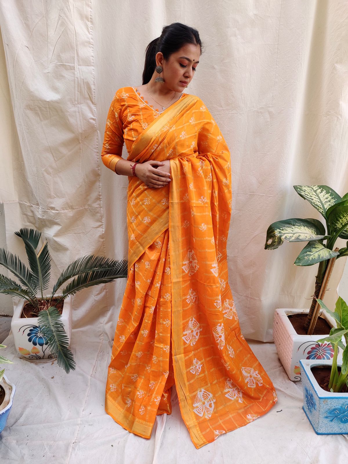 Festive Wear Batik Mustard Cotton Saree