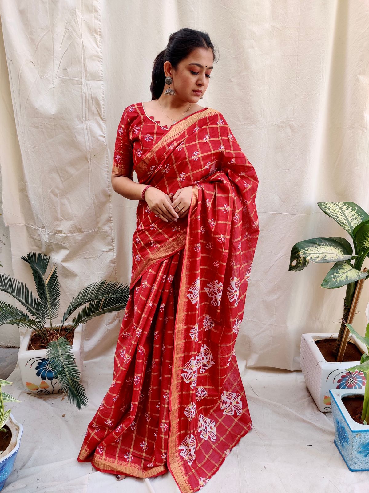 Festive Wear Batik Red Cotton Saree