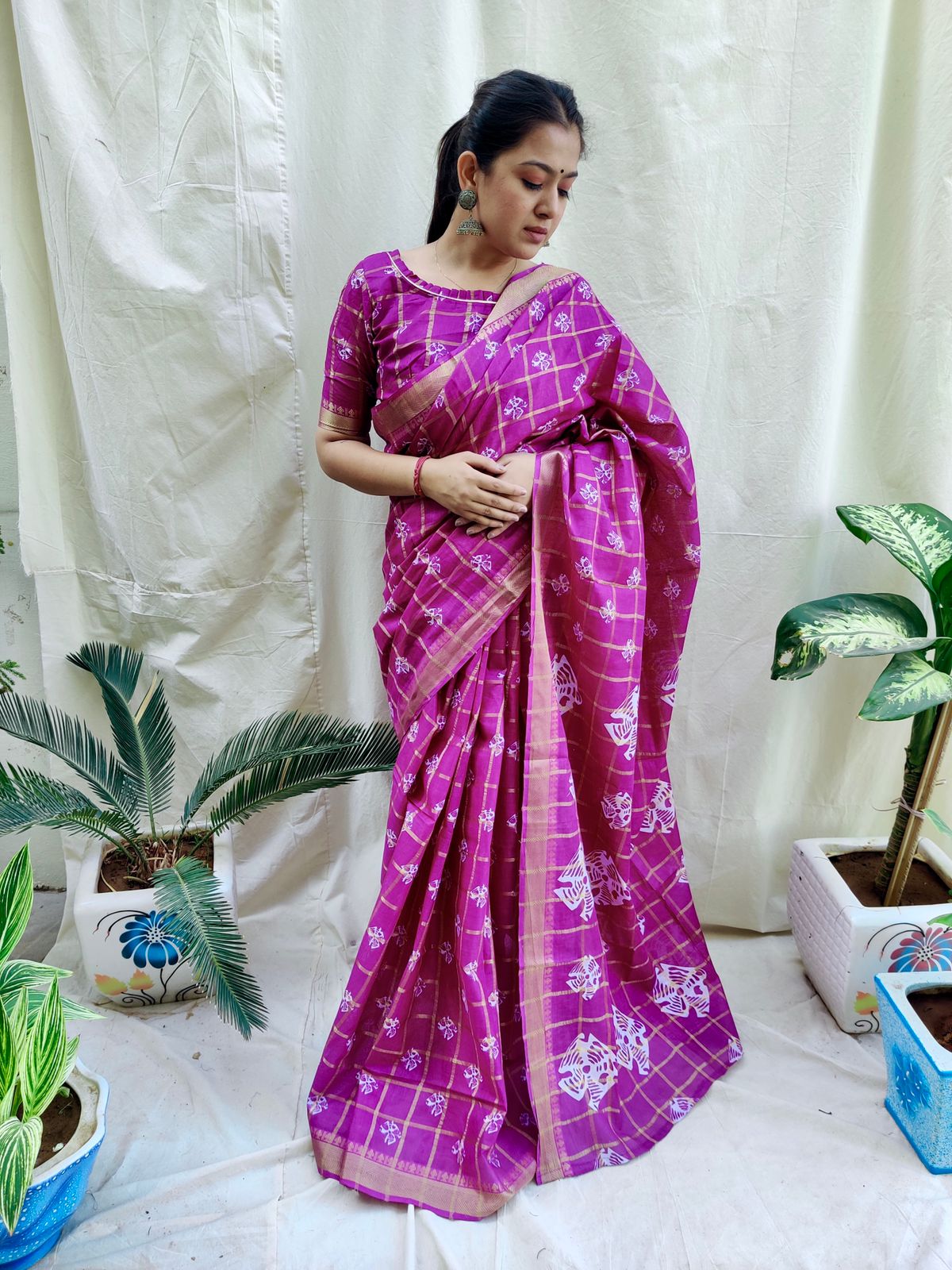 Festive Wear Batik Purple Cotton Saree