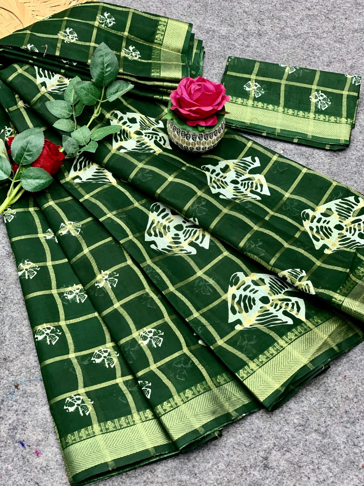 Festive Wear Batik Print Green Cotton Saree