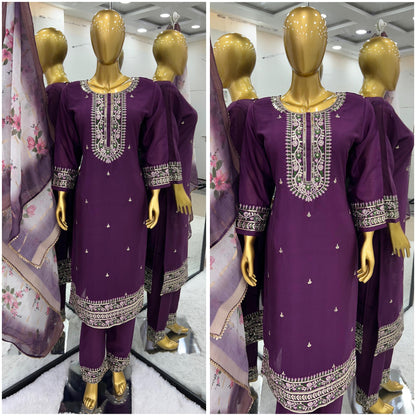 Charming Purple Work Kurti Set With Organza Dupatta