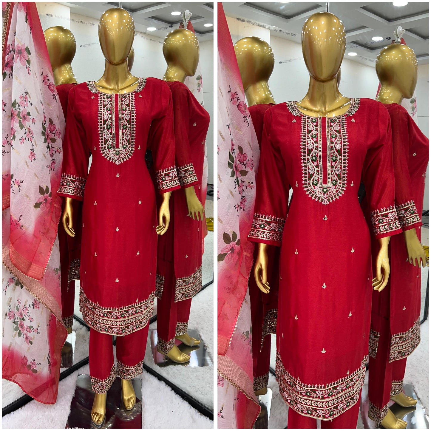 Charming Red Work Kurti Set With Organza Dupatta