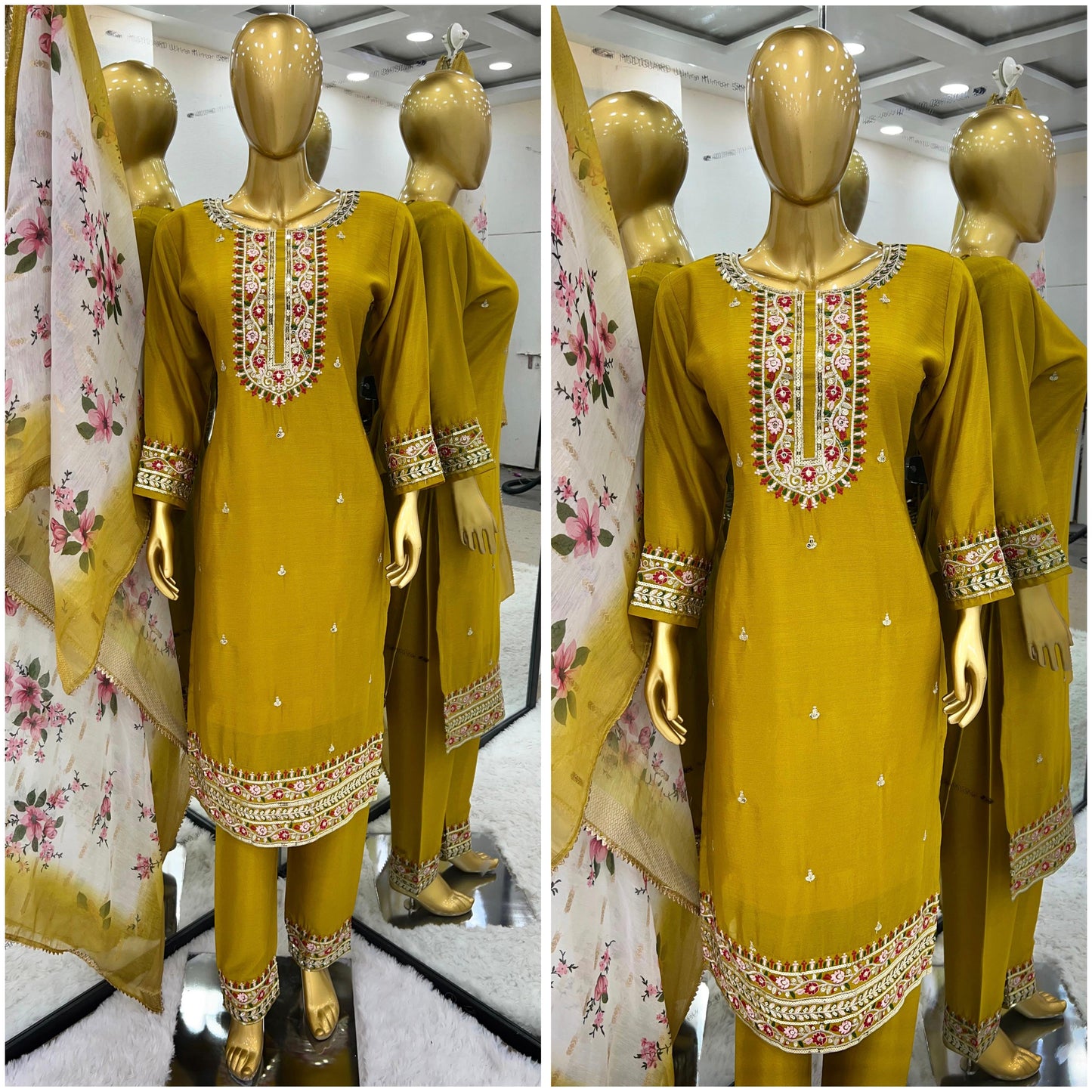 Charming Mustard Work Kurti Set With Organza Dupatta