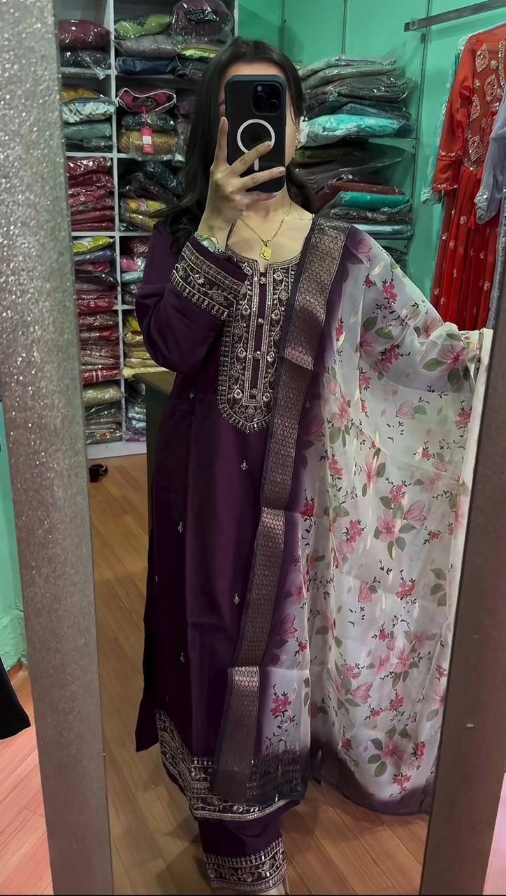 Charming Purple Work Kurti Set With Organza Dupatta