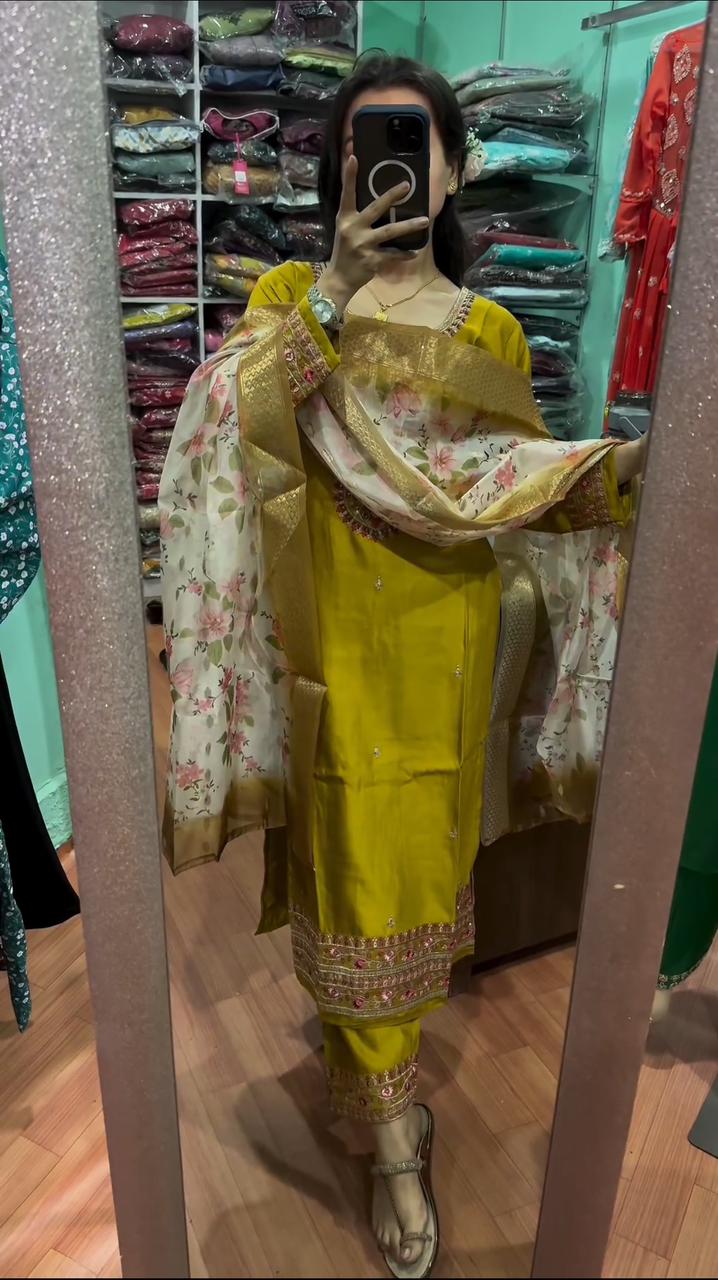 Charming Mustard Work Kurti Set With Organza Dupatta