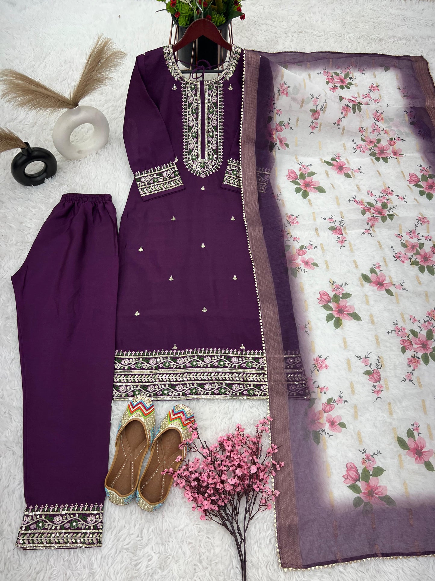 Charming Purple Work Kurti Set With Organza Dupatta