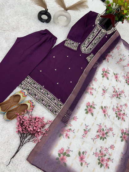 Charming Purple Work Kurti Set With Organza Dupatta