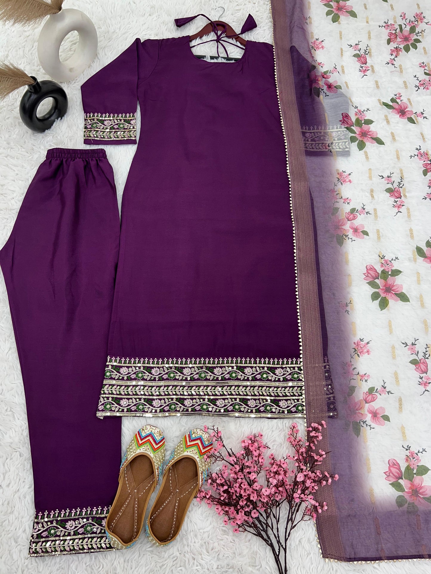 Charming Purple Work Kurti Set With Organza Dupatta