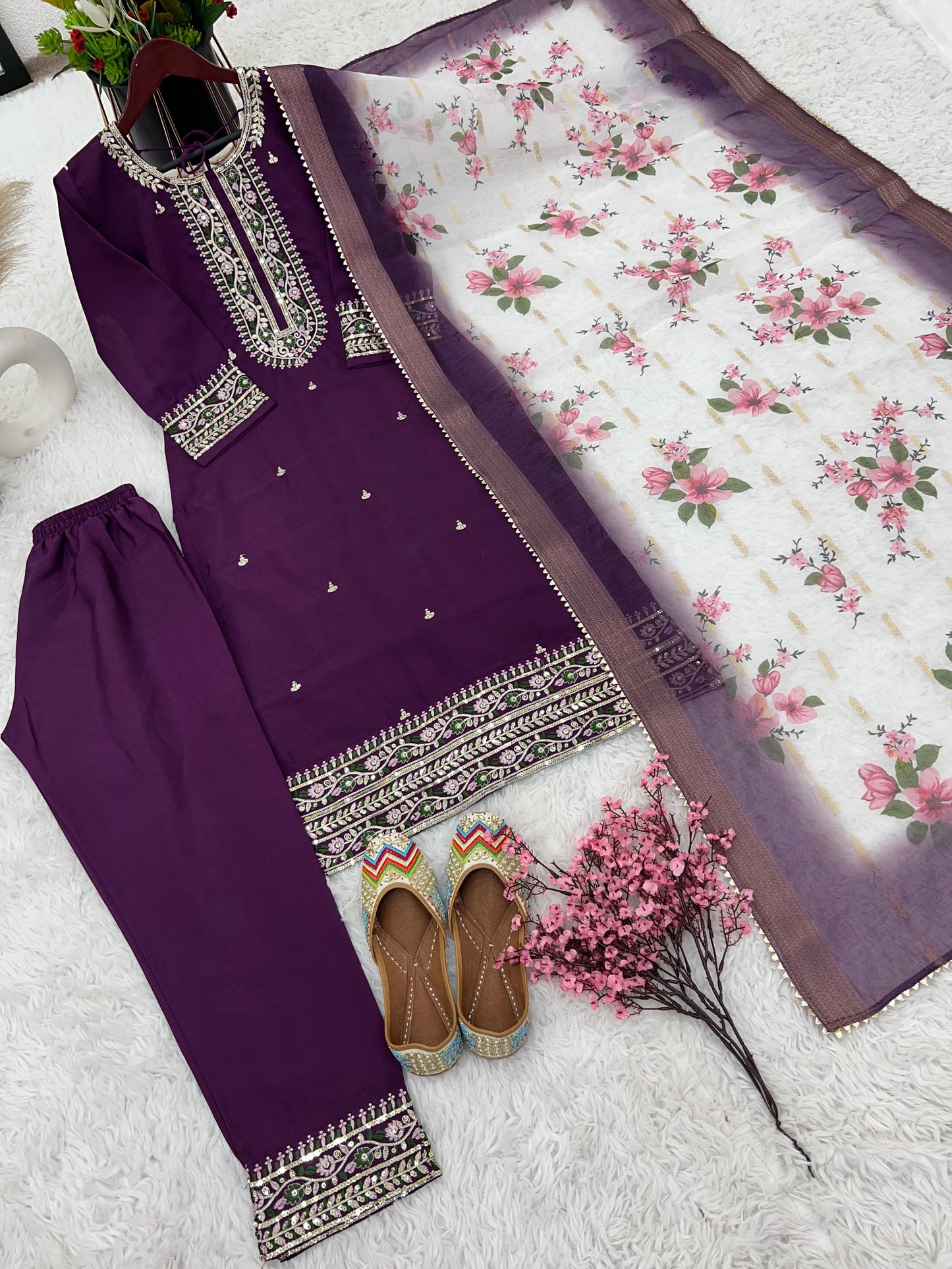 Charming Purple Work Kurti Set With Organza Dupatta