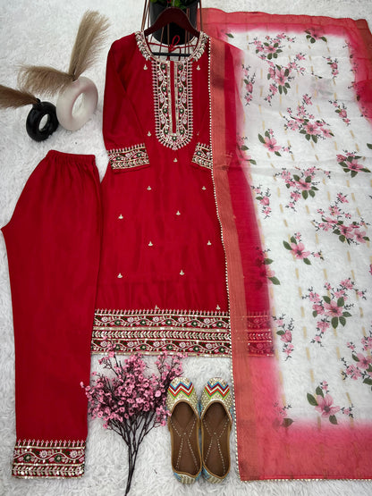 Charming Red Work Kurti Set With Organza Dupatta