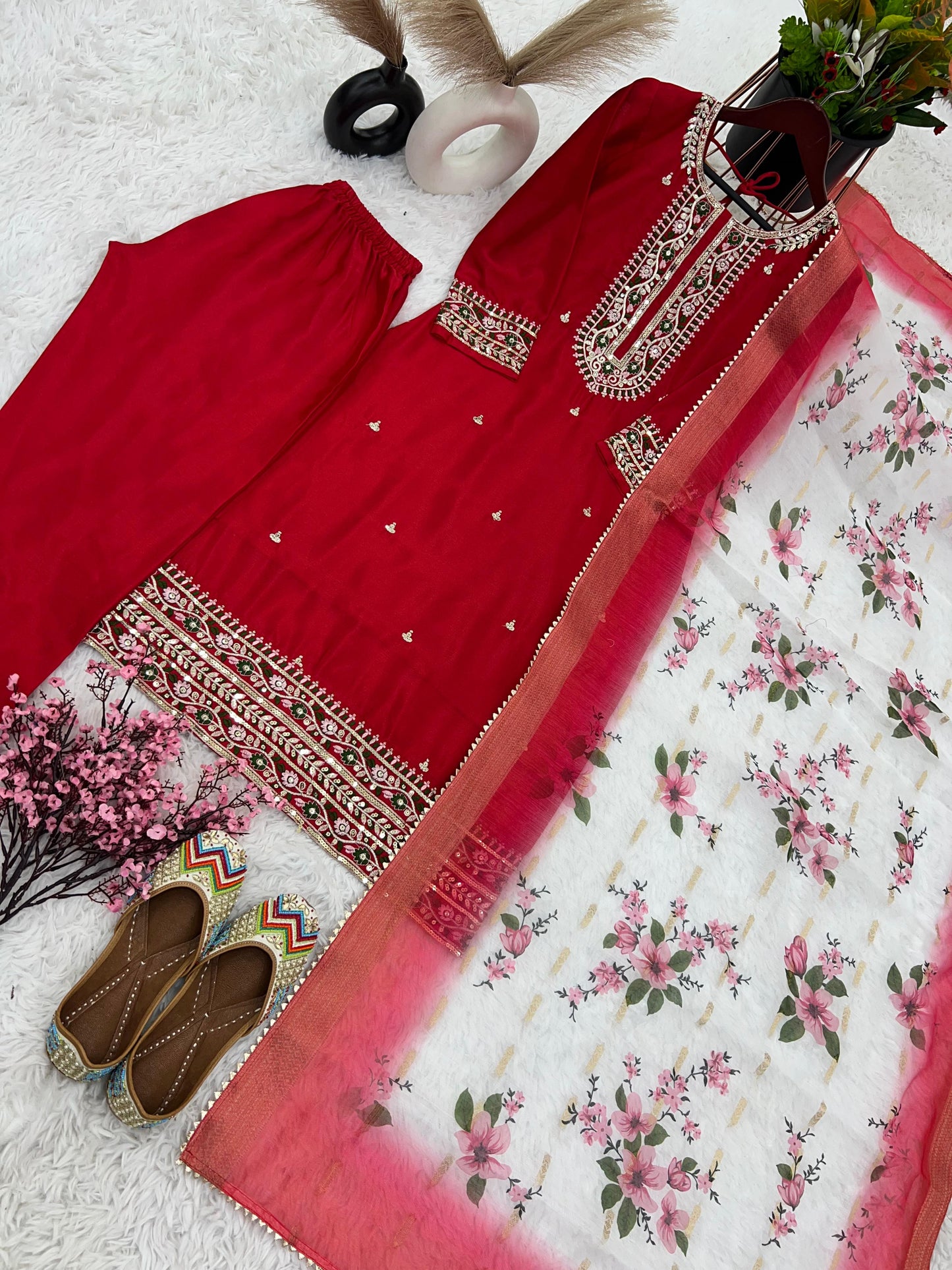 Charming Red Work Kurti Set With Organza Dupatta