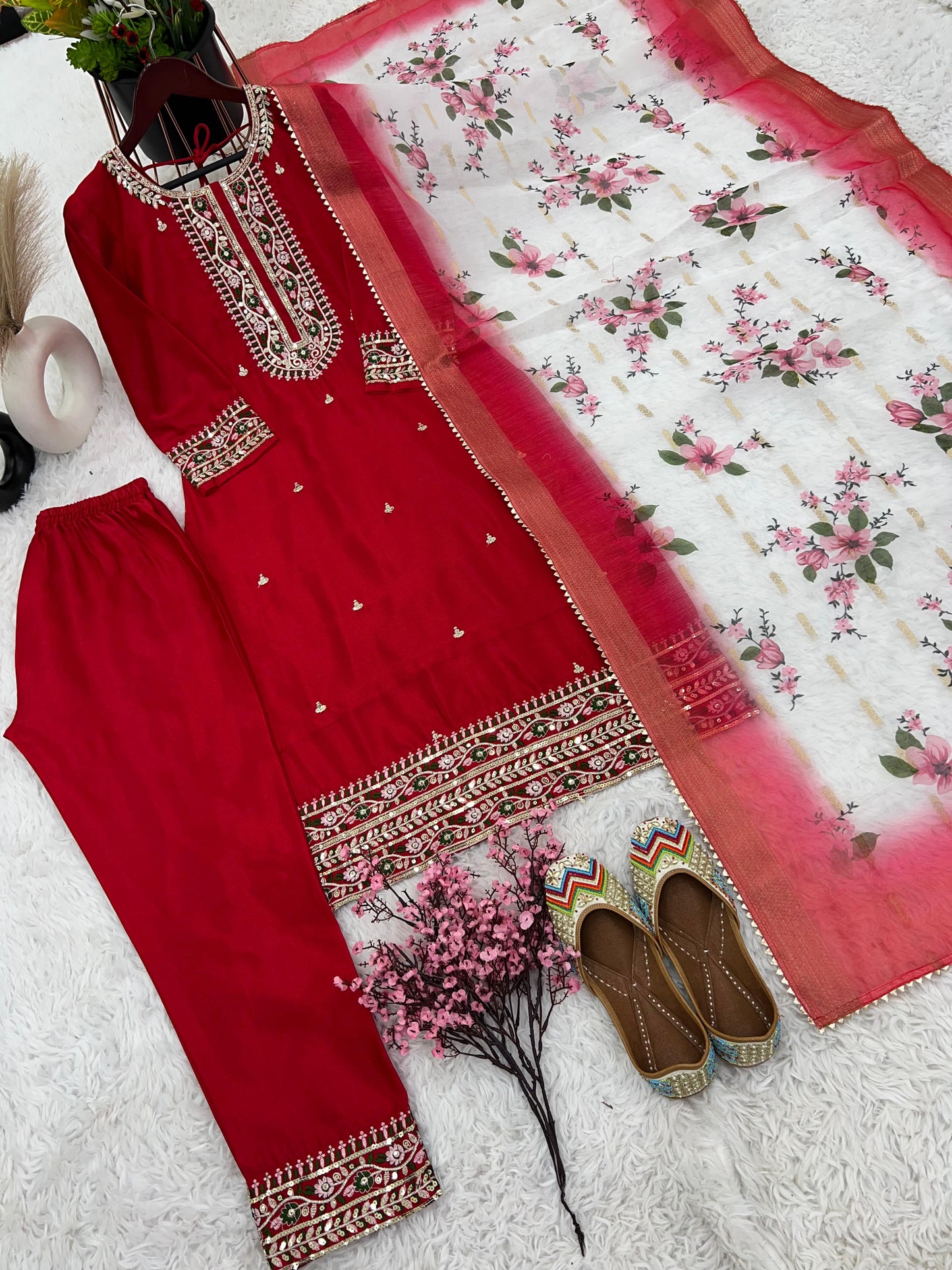 Charming Red Work Kurti Set With Organza Dupatta